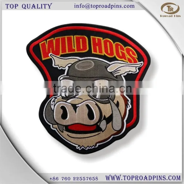 Cheap Custom Fabric &wool Wild Hogs Embroidery Patches With Self-adhesive ( White Hot Cut Border )