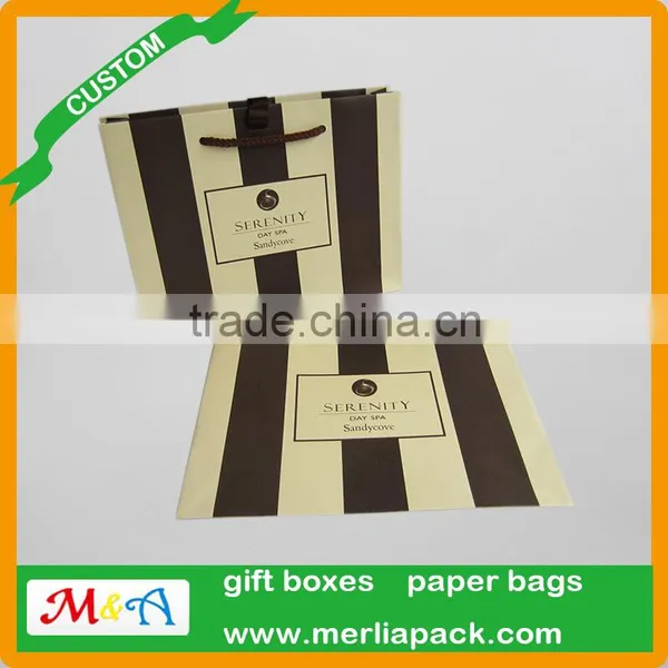Beauty Salon White Kraft Paper Bag Day Spa Cream and Brown Stripe Bags photo-3