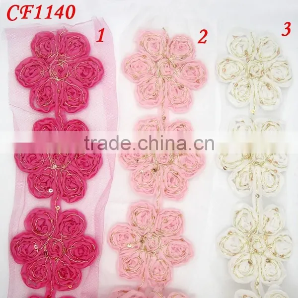 New latest csutom gold line chiffon flower applique work designs for dress