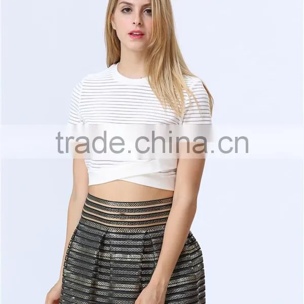 Accept Mini Quantity Order Factory Price New Fashion White Colour Stripe Women Crops Tops photo-5