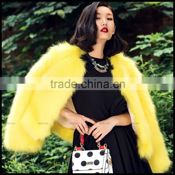 2015 High Fashion Young Ladies Short Styles Yellow Coats Faux Fox Fur Coat for Winter Stylish Overcoat photo-5