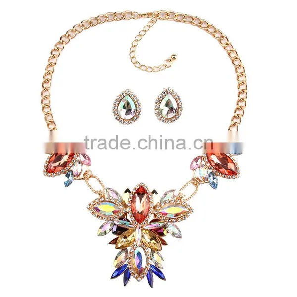 Women Fashionable Crystal Tear Drop Gems Pendant Choker Necklace Earrings Jewelry Set photo-4