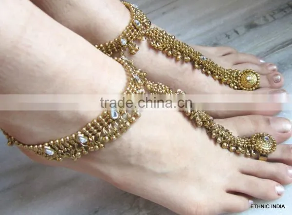 GOLD Tone Payal ANKLETS Toe Ring BAREFOOT SANDAL Pair photo-3