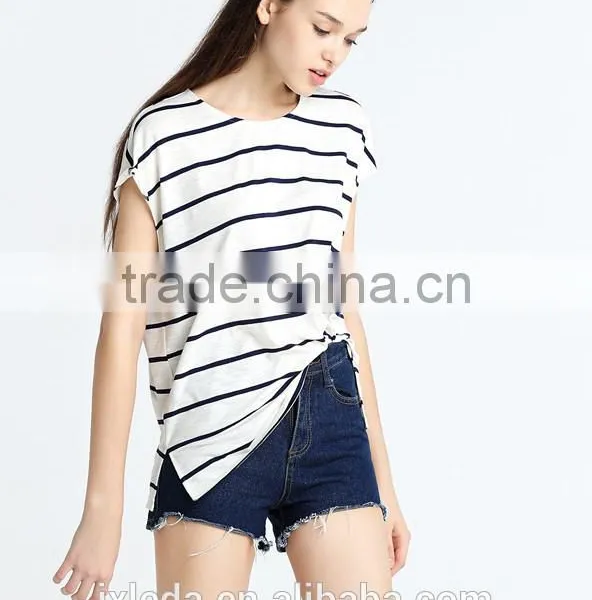 European American Style Leisure Loose Knitting Minimalism Round Collar Short Sleeve Stripe T-shirt photo-4