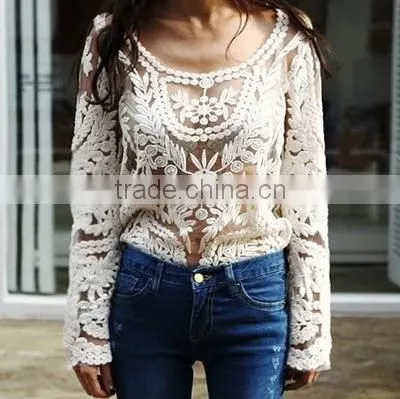 Summer Gouhua Openwork Lace Blouse Lace Openwork Short Blouse Female Temperament Lace Blouse photo-5