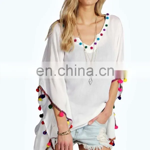 BRIGHT POM POM TRIM OVERSIZED TOP Slim Embroidered Poncho/ Short Kaftan For Women Summer Wear photo-3