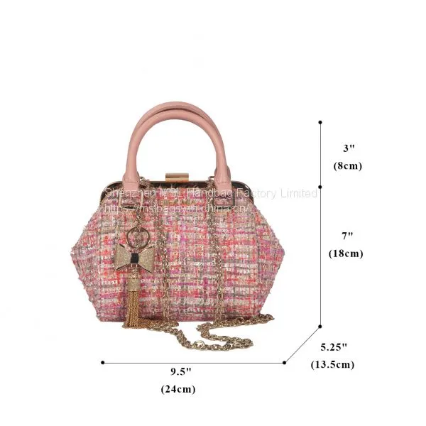 Low MOQ Factory Female Handbag Small Size High Quality Metal Frame Hand Hold Women Tweed Chain Bags photo-3