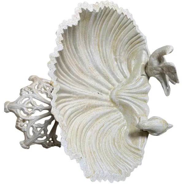 Heavy Duty Cast Iron Standing Bird Bath With 2 Decorative Birds Cream Shell photo-4