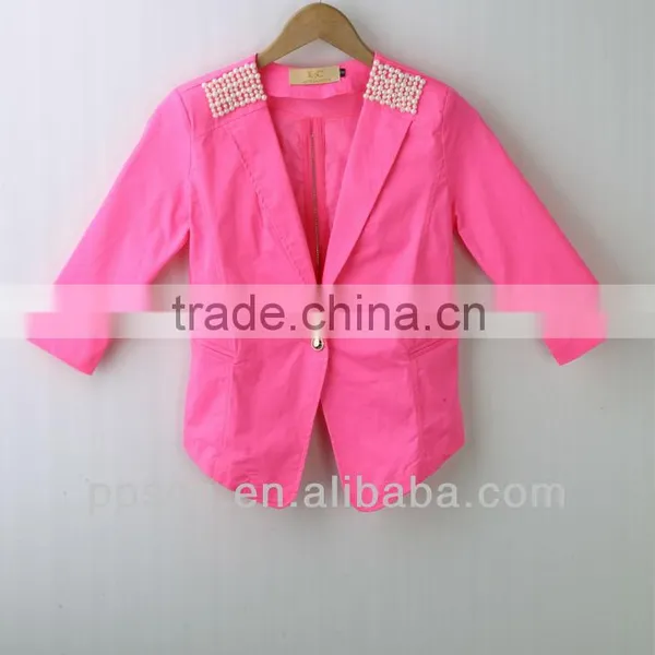 Fashion Spring Neon Color Ladies'casual Tail Suit,fashion Ladies'jacket With Pearl on Shoulder and Accessory Zipper on Back photo-3
