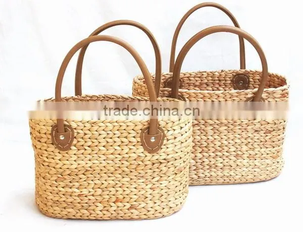 High Quality Best Selling Natural Water Hyancinth Lady Handbag With Leather Handle From Vietnam