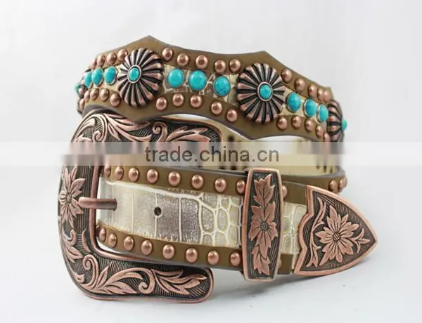 2016 Best Seller Scallop Western Rhinestone Leather Belt With Turquoise Concho photo-3