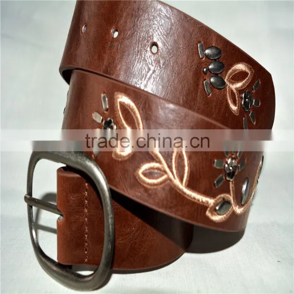PU Leather Embroidered Design Witt Stud Leather Belt photo-3