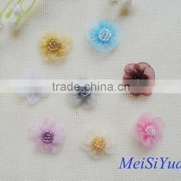 Handmade Organza Ribbon Flower With Rice Pearl for Wedding Decoration