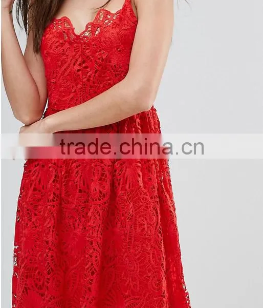 Clothing OEM Shiny Red Lady Women Midi Dresses Prom Lace Dresses photo-5