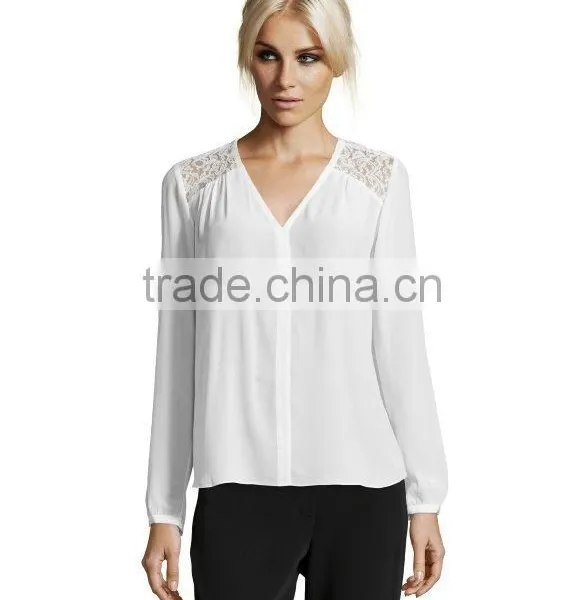 100% Polyester Long Sleeve v Neck Blouse Hi-low Woman Blouse photo-4
