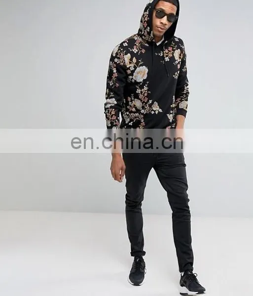 Black Side Slant Pockets All-over Floral Print Hoodie photo-4