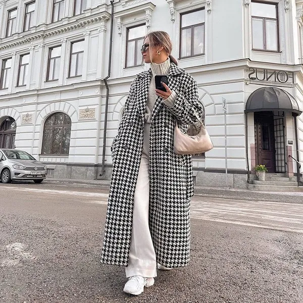 New Fashion White and Black Long Houndstooth Coat Women\'s Trench Coat Winter Clothes Long Coats for Women