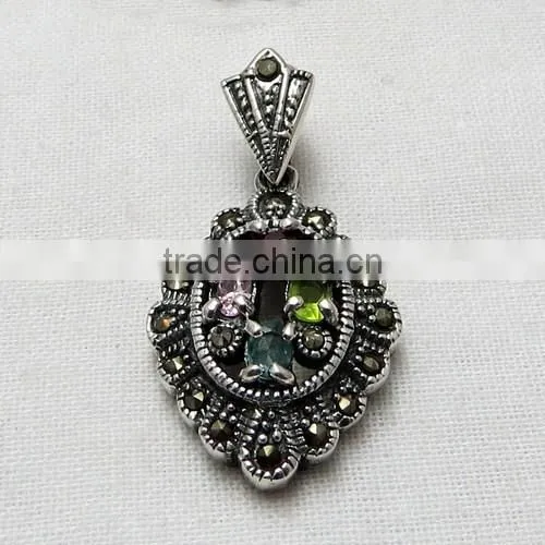 Beautiful Marcasite Multi Colour Pendant, Handmade Silver Jewellery, Silver Jewellery photo-2