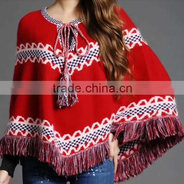Fashion Lady Red Circular Cape Jacquard Ethnic Knitted Cardigan Poncho With Tassel