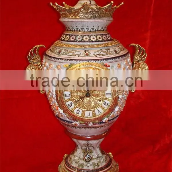 Exquisite Flower and Bird Design Ceramic and Brass Table Clock, Elegant Embedded Urn Jar Table Clock photo-4