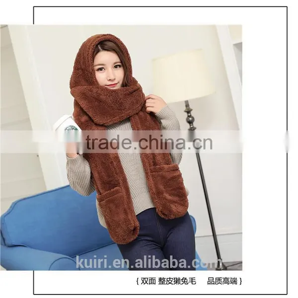 2016 Hot Fashion New Women Winter Warm Soft Plush Faux Fur Hooded Cap Hat Scarves Hood Pocket Gloves Scarf 4 Color photo-6