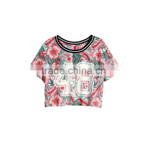 2015 Hot Sale Fashion Ladies Short Sleeves Flower Print 100%cotton T-shirt photo-2