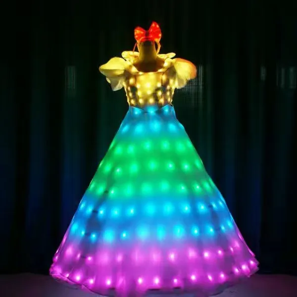 LED Light Up Disney Princess Fairy Dress – Glowing Blue Ball Gown Costume With Red Bow Headband & Puff Sleeves for Girls