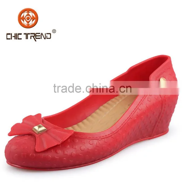 2015 Woman Hot Selling Waterproof Plastic Casual Wedge Heel Shoe PVC Upper Material Shoes Melissa Shoes With Bow