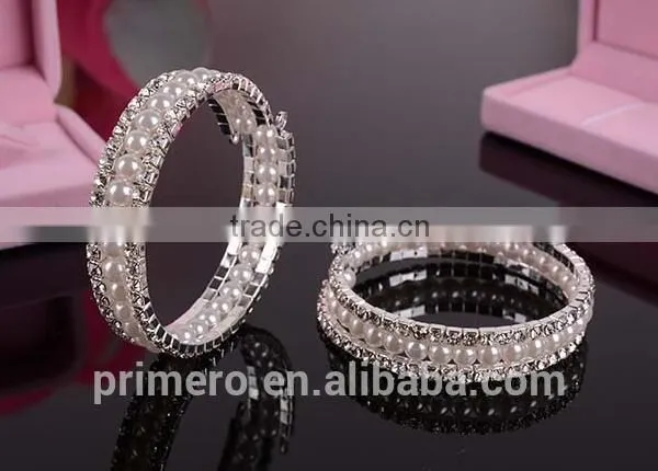 Fashion 2 Rows Stack Pearls Rhinestone Stretch Bracelets Bangles Jewelry photo-5
