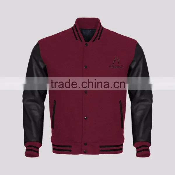 Wholesale Custom Mens Plain Wool Varsity Jacket With PU Leather Sleeves, Bomber Jacket