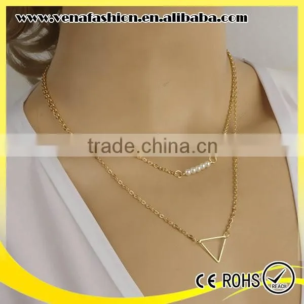 Double Layers Thin Simple Gold Long Chain Pearl Necklace