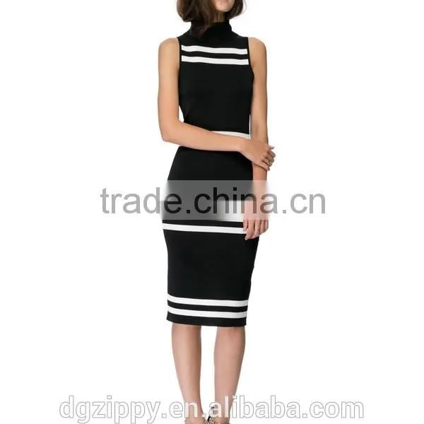 2015 Black and White Stripes Midi Dress Ribbed Neck Line Fashion Woman Dress photo-2