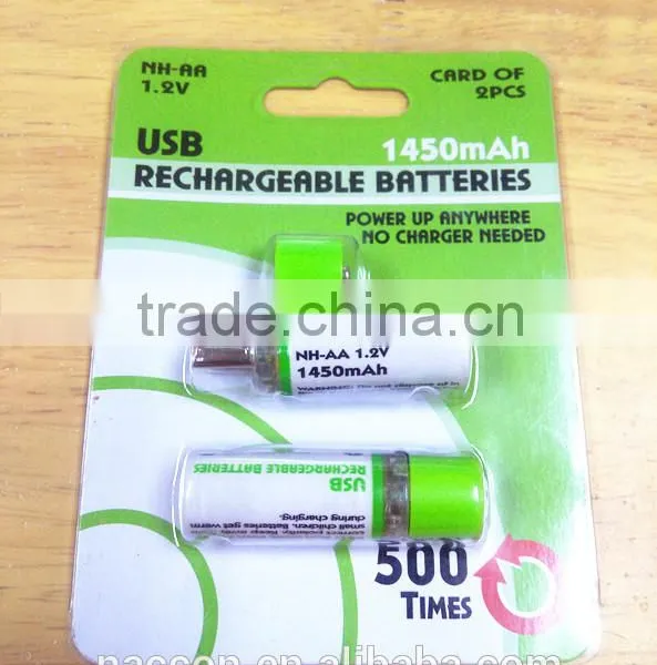 USB 1.2v AA 1450mAh NI-MH Battery Usb Rechargeable Battery