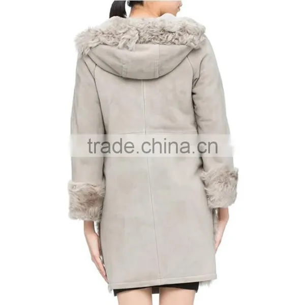 Customized Ladies' Long Chinese Full Lambskin Hooded Coat With Horn Toggles Button photo-4