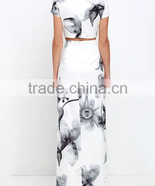 High Split Skirt With Short Sleeve Crop Top for Ladies 2017 New Fashion Water Printed Floral Two Pieces Sets photo-3
