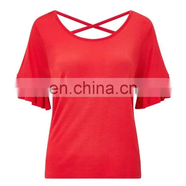 2017 Latest Fashion Top Design Red Frill Sleeve Blouse Designs T-Shirt photo-4