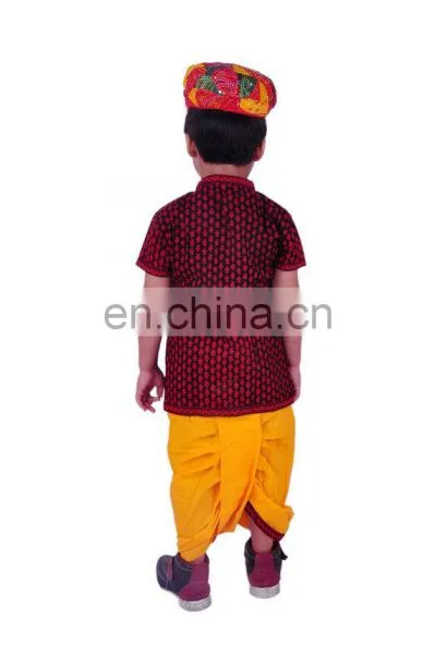 Rajasthani Dress Boy's Dhoti Kurta & Turban, Indian Traditional, Ethnic, Handmade, Yellow Angrakha Set, Kedia Dress Cotton photo-2