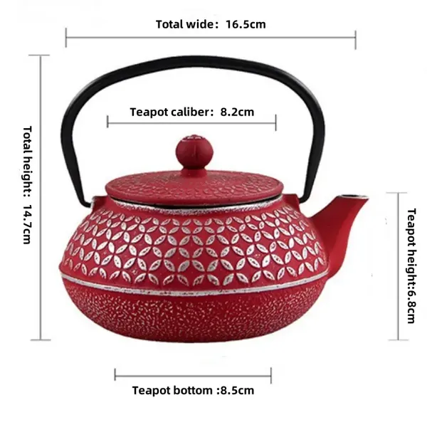 Chinese Factory Price 600ml Vintage Red Four-leaf Clover Pattern Gold Exquisite Cast Iron Tea Kettle Pot Boiling Water Teapot photo-2