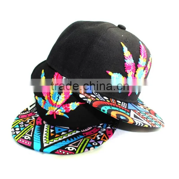 Wholesale Leaf Embroidery Printed Flat Brim Man Women Snapback Cap Cheap