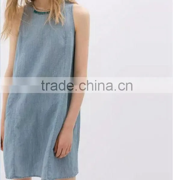 2014 New Design Ladies Sleeveless Denim Dress Women Light Bule Denim Jeans Dress Quality Choice photo-5