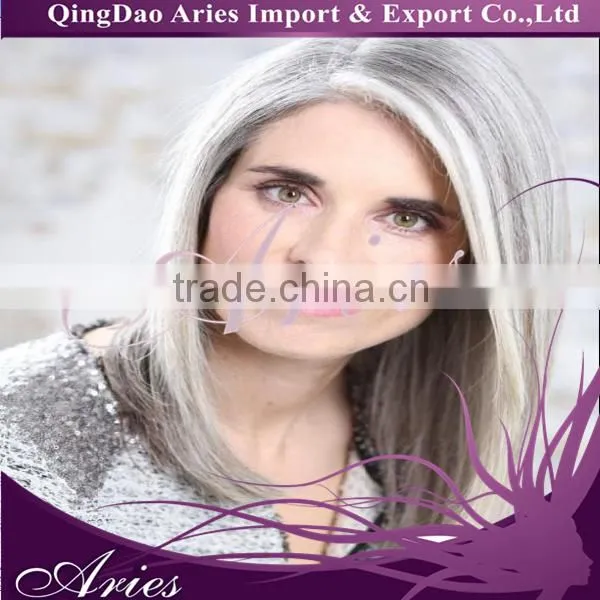Fashion Straight Hair Center Part Bang Mixed Color Gray Synthetic Lace Front Wig photo-6