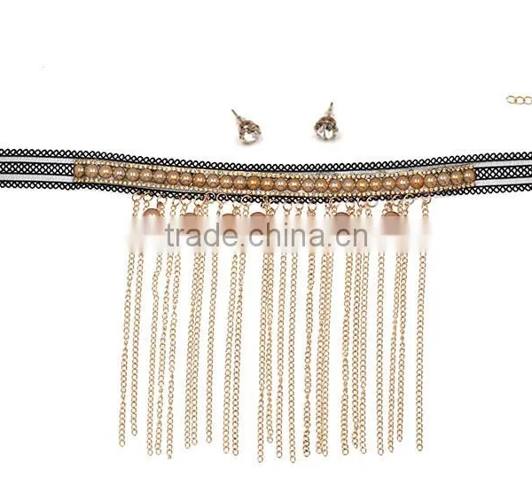Fashion New Design Black Lace With Champagne Color Pearls Pendant Chain Tassel Choker Necklaces photo-3