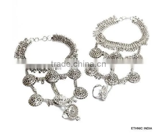 PAYAL Anklet Pair TOE RING Silver TONE BAREFOOT SANDAL photo-2