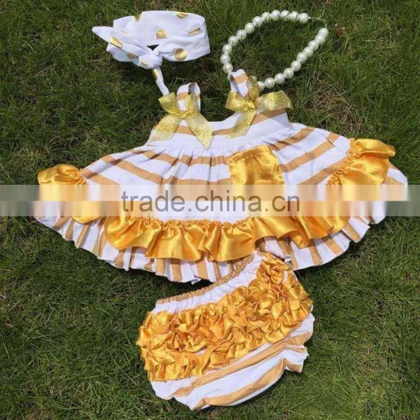Hot Golden Stripe Swing Top Sets Newborn Girl Clothes Kids Swing Top Sets With Necklace and Headband
