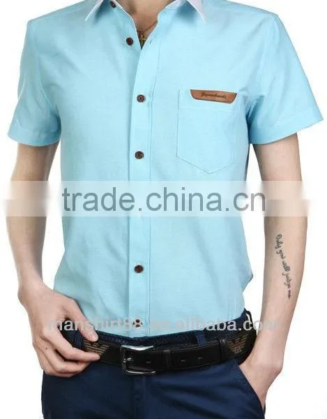 Mens Short Sleeve Leather Label Custom Oxford Shirt photo-3