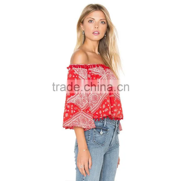 Ladies Off Shoulder Check Cotton Printed Blouse 2016 Design photo-2