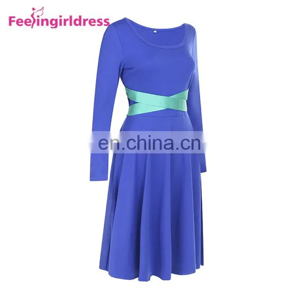 Free Shipping Soft Women Blue Long Sleeve Midi Casual Office Dress Elegant photo-4