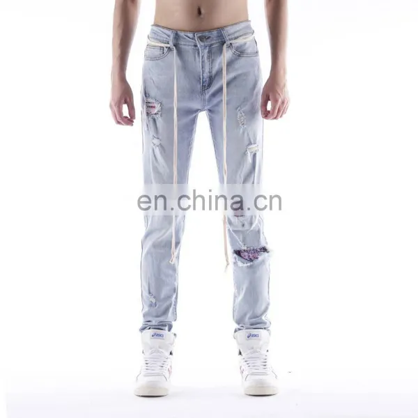 DiZNEW Custom Mens Skinny Jeans in Blue Ripped Patches Trousers for Men photo-2