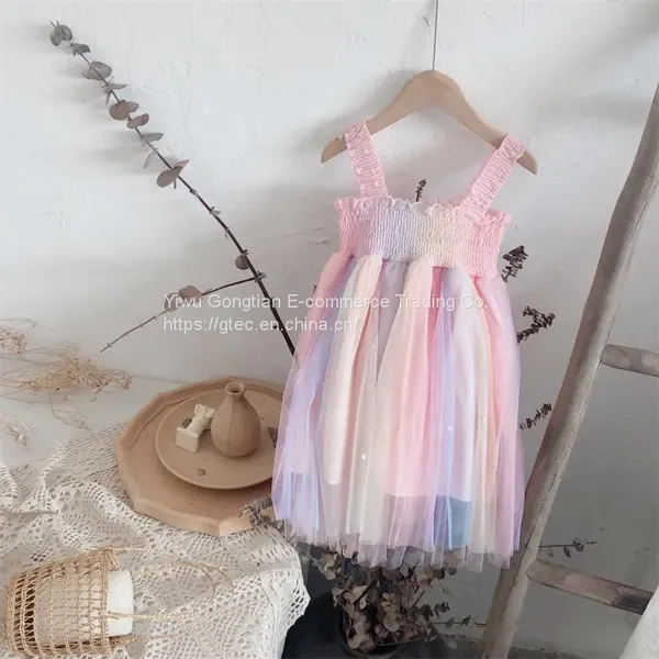 Kids Wear Dress Summer Girl Pretty Princess Dress Children Sling Sleeveless Rainbow Mesh Tutu Dress for Toddler photo-2
