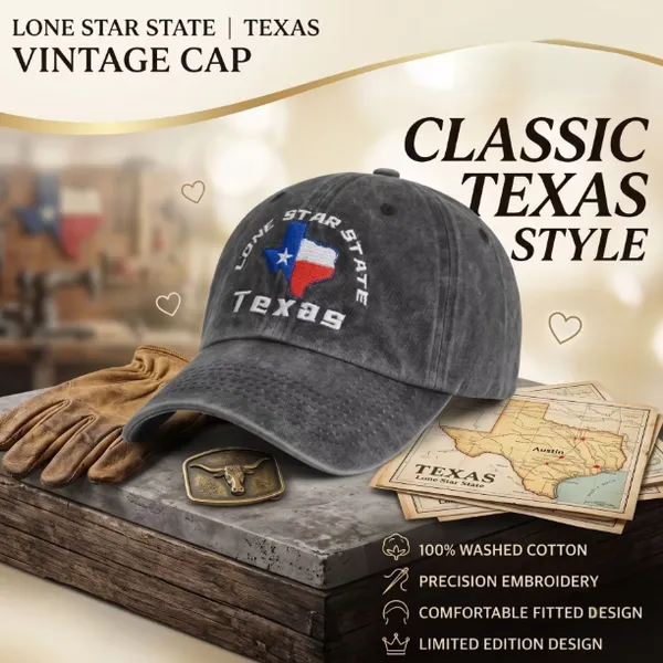 Vintage Western Texas Pride Merch Lone Star State Map Embroidery Washed Charcoal 6 Panel Dad Cap